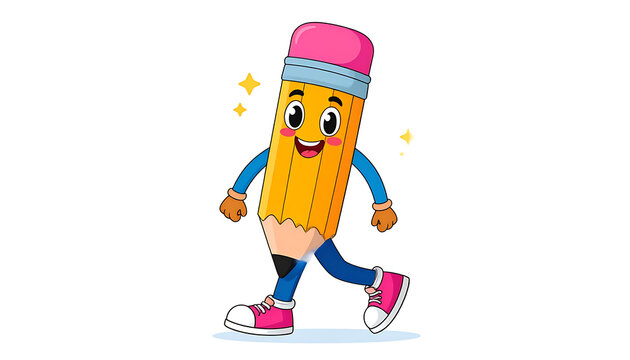 Walking cartoon pencil character with smiling face and arms, legs, and shoes, set against a white background