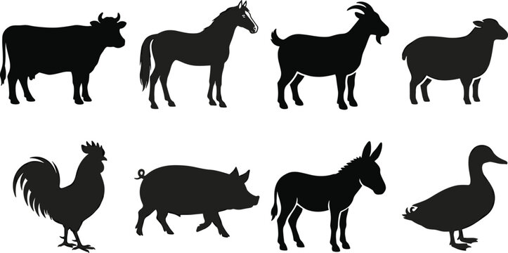 Farm animals black silhouette icons set featuring cow horse goat sheep rooster pig donkey and duck isolated on white background