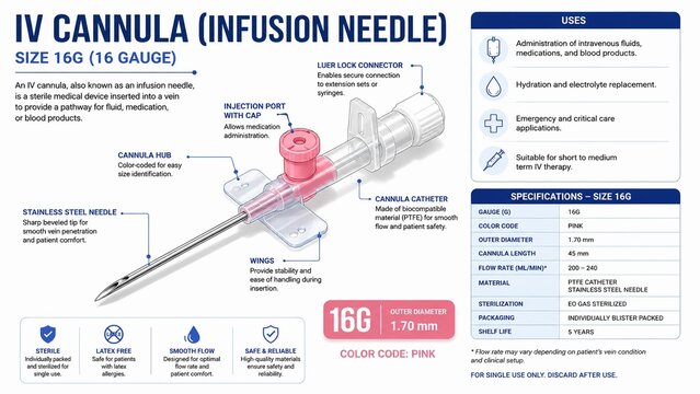 IV Cannula 16G Infusion Needle Diagram Vector Medical Infographic