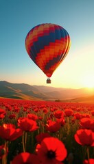Fototapeta premium Colorful hot air balloon floats above vast poppy field at sunrise. Gentle hills form background under clear blue sky. Warm sun light illuminates scene.