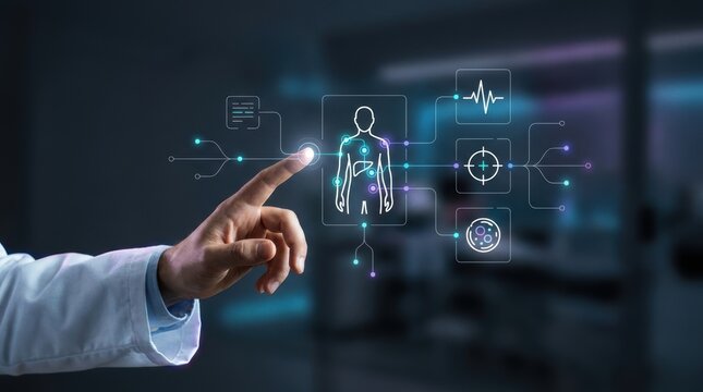 Healthcare professional interacting with virtual futuristic medical HUD screen showing human body diagnostics, digital health modern technology business concept