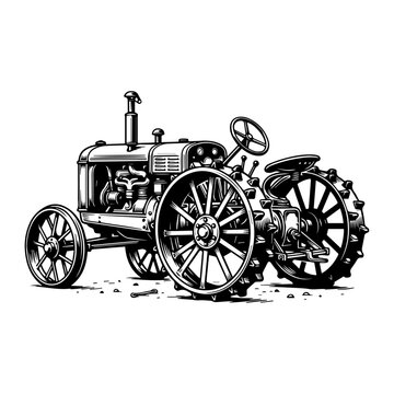 Vintage Antique Tractor Vector &ndash; Retro Farming Machine Line Art Clipart