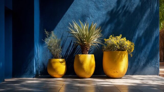 Blue wall yellow pot potted plant shadow outdoor garden decorative plant sunlit patio modern decor textured wall tile floor ornamental plant beautiful outdoor scene