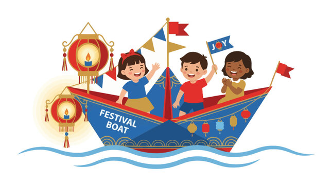Happy Diverse Children on Festival Boat with Lanterns and Flags