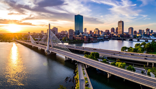 Modern suspension bridge with illuminated towers at sunset, leading to a city skyline with skyscrapers across a river, traffic on highway.