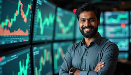Fototapeta premium Man smiles in office with stock market graphs on screens. Analyst works with financial data, checks trading charts on multiple monitors. Business growth concept.