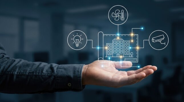 Professional holding holographic smart building blueprint with integrated digital icons for lighting, hvac, and security, facility modern technology business concept