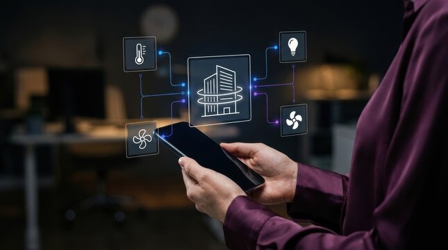 Professional woman holding smartphone to manage smart building systems through a futuristic digital interface, internet of things modern technology business concept