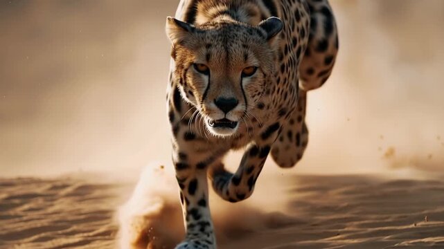 Cheetah running desert dust with focused face and dynamic motion, cheetah running sprint wildlife predator feline animal motion desert fast animal action with dust clouds and dramatic light