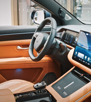 Shanghai, China. Interior Of Aito M7. Mid-size Luxury Suv Produced By Seres Under The Aito Brand In Collaboration With Huawei from 2022. Harmony Intelligent Mobility Alliance Or Hima