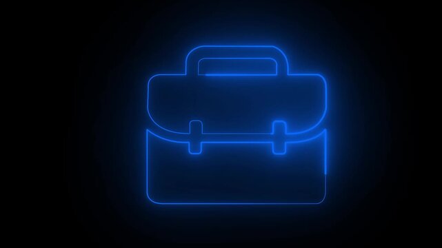 Luminous blue neon briefcase icon loop. Animated business portfolio and corporate career on dark background.