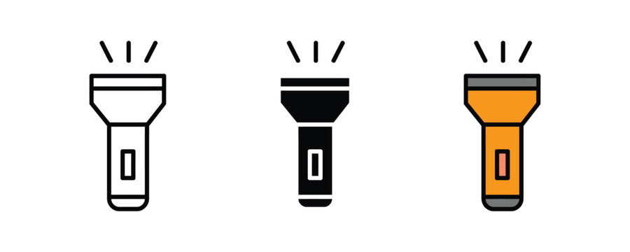 Portable electric flashlight and camping torch light icon set. Tactical beam searchlight equipment, outdoor adventure emergency illumination power symbol. Vector Illustration