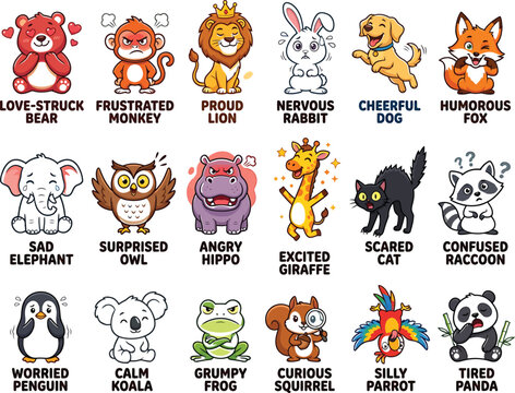 Funny cartoon animal characters set with emotional expressions and labels character expression elephant