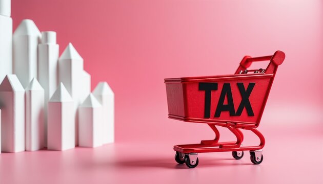 Red shopping cart with TAX label stands near white buildings. Concept for property taxes, real estate costs, and government levies on homes.