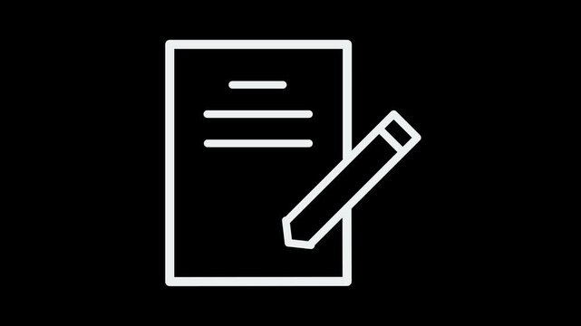 Outline document and pencil editing icon on black background. Minimalist white contract writing animation.height regulation.