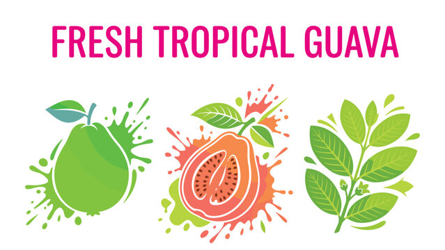 Fresh tropical guava fruit with text, whole, sliced, and green leaves. organic food.