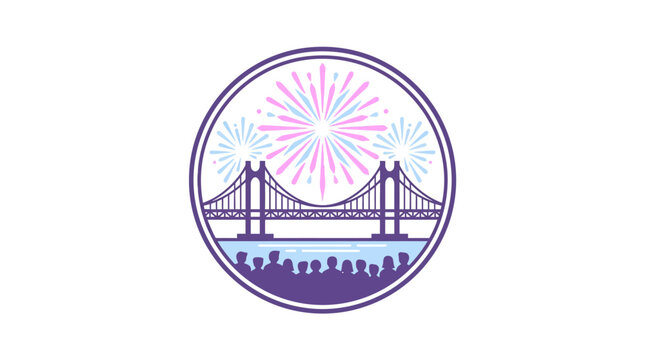 Suspension bridge at night with fireworks and crowd silhouette, circular logo