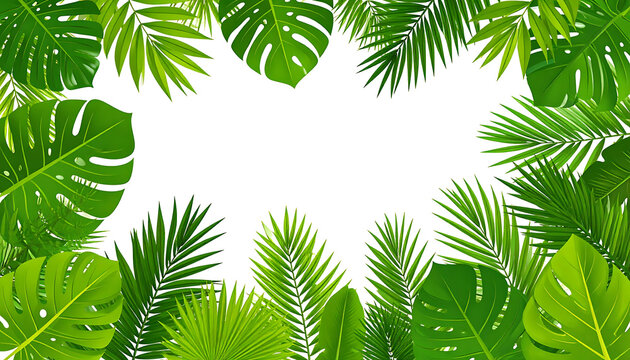 lush green tropical palm leaves border, monstera and fern foliage framing white space, jungle exotic plant pattern