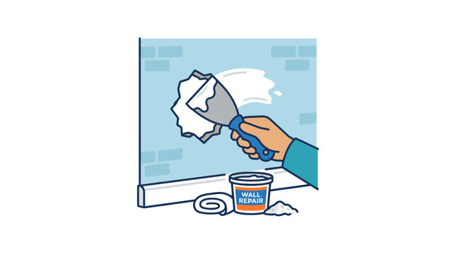 Hand repairing hole in wall with spackle and putty knife, home renovation concept