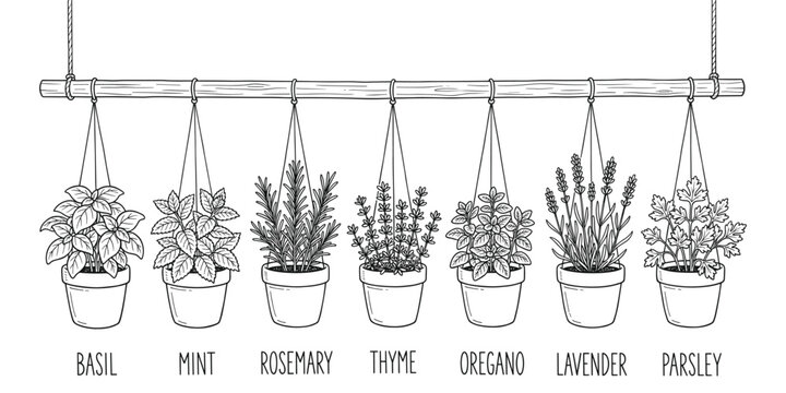 Hanging potted herbs basil mint rosemary thyme oregano lavender parsley garden.