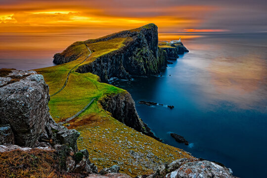 Neist Point Lighthouse, located on the most westerly point of the Isle of Skye in Scotland