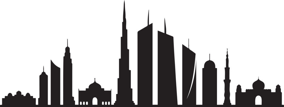 Middle East City Skyline with Black Buildings Isolated on White. Vector Illustration. Dubai, Kuwait, Abu Dhabi, Doha, Jeddah. Vector Black silhouettes illustration