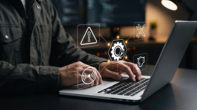 Software developer using laptop to troubleshoot system errors and manage network maintenance via digital interface icons, computer modern technology business concept