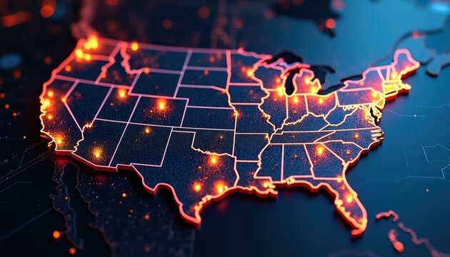 Digital map of United States highlights cities with glowing lights. Concept shows network connections, cyber security, data flow, and national protection across America.