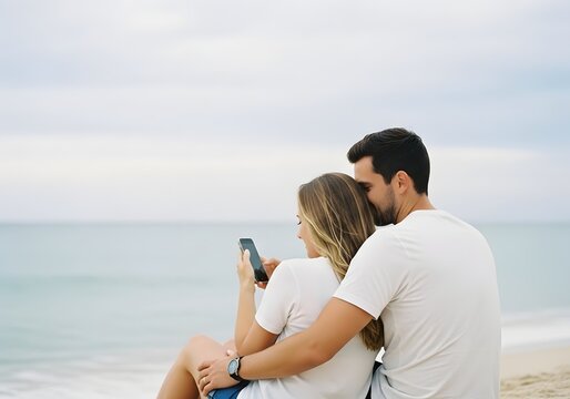 Couple sitting on the beach looking at a smartphone together