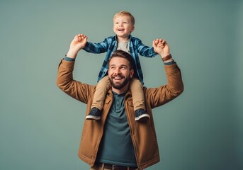 Obraz premium Happy father carrying his son on shoulders against blue background