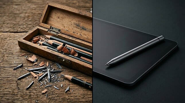 Traditional art supplies and modern digital drawing tablet with stylus on wooden and dark backgrounds, representing evolution of creativity