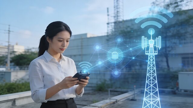Asian woman engineer operating wireless remote controller with digital hologram network and telecommunication tower concept.