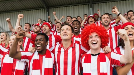 Fototapeta premium Enthusiastic sports fans in red and white striped attire cheering at a stadium match.