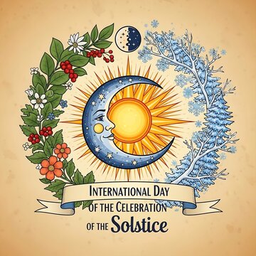 International day of the celebration of the solstice with sun moon and flowers on a beige background