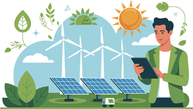 Man in green jacket holding tablet with solar panels and wind turbines