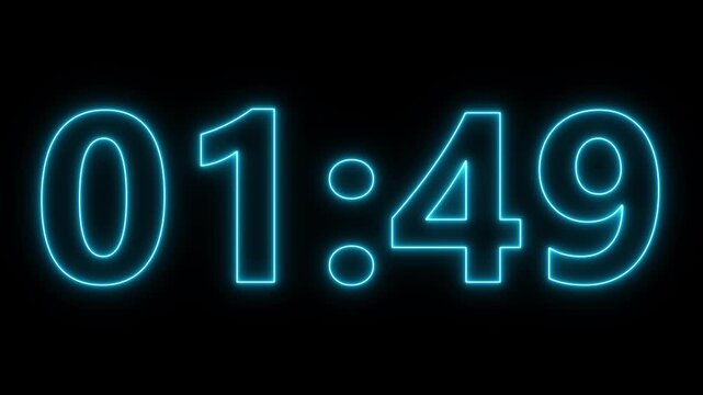 neon 2 minute countdown animation from 120 seconds to 0 seconds on a transparent background, Neon two minute countdown timer with alpha channel