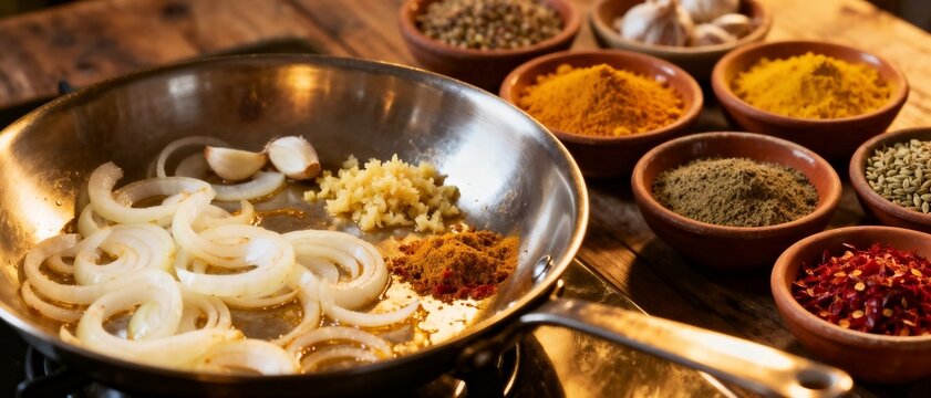 Curry preparation, onions saut&eacute;ing in pan with garlic, ginger and spices. Terracotta bowls with turmeric, chili, cumin on rustic wooden table, warm lighting.
