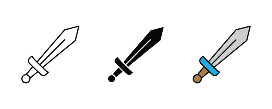 Medieval knight sword and classic blade weapon icon set. Video game fantasy warrior combat equipment, metal broadsword fight defense symbol. Vector Illustration