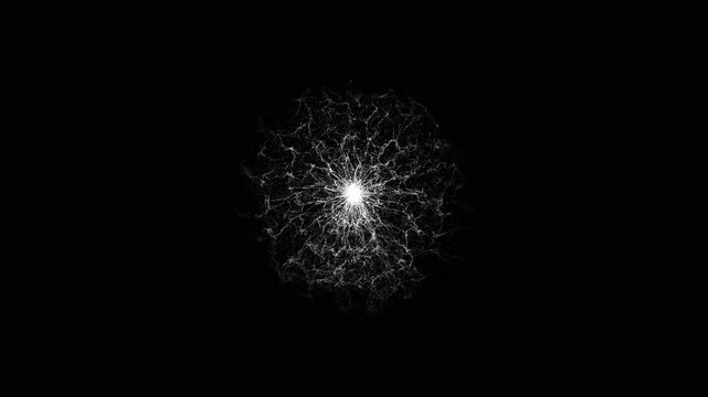 Abstract round white shockwave animation, glowing futuristic power source with organic electricity flow, fantasy energy crystal core graphics element on black background 4k video.