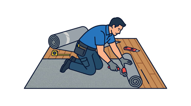 Roofer Installing Waterproofing Membrane on Wooden Deck with Tools