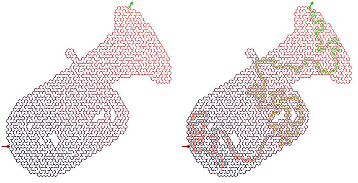 Hexagonal maze pattern in two designs with pathways outlined in color  in the shape of a tube