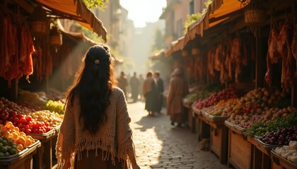 Naklejka premium Woman walks through busy medieval market street. Stalls display fresh produce and meat. People in historical costumes shop in background. Sunlight streams down cobblestone lane.