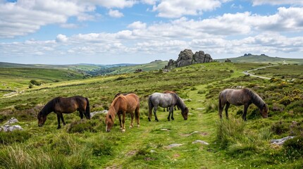 Obraz premium Wild Dartmoor Ponies grazing peacefully on a vibrant green, rolling hillside under a bright, partly cloudy blue sky with distant granite tors.