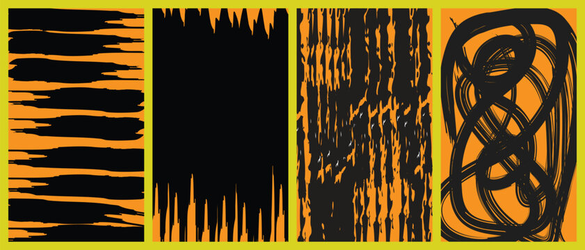 Orange and black abstract shapes in yellow frame on white background  various textured brush strokes