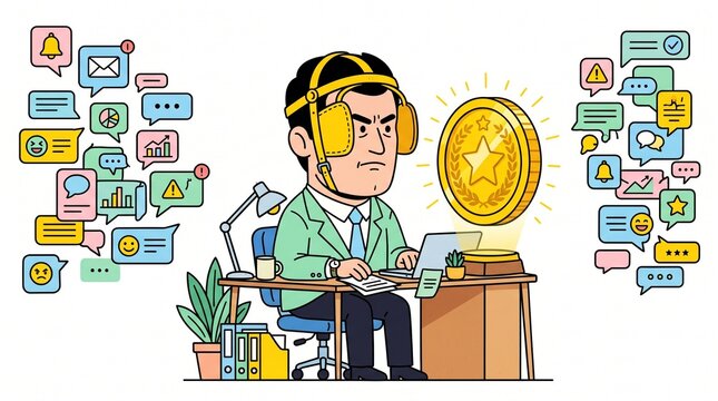 Funny doodle illustration of a business character with horse blinkers focusing on a gold coin, productivity concept.
