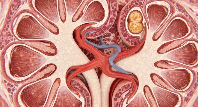 Cross Section Anatomical Illustration of Human Kidney Nephron and Glomerulus With Blood Vessels