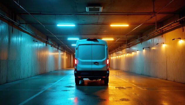 White cargo van drives through dimly lit concrete tunnel. Blue and yellow lights line the passage. Wet floor reflects vibrant colors. Vehicle navigates urban underground.
