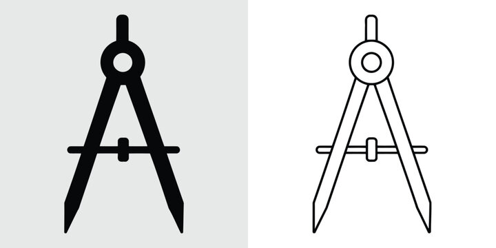 A set of two drafting compass icons, one solid black and one outline style, representing geometry, architecture, and technical drawing tools.