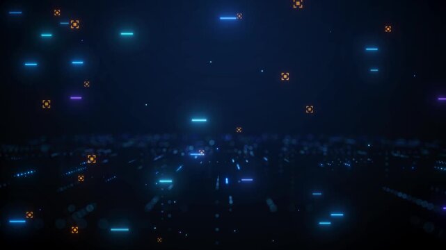 Futuristic technology background with 3D digital data grid, abstract cyber space horizon with glowing blue and orange.