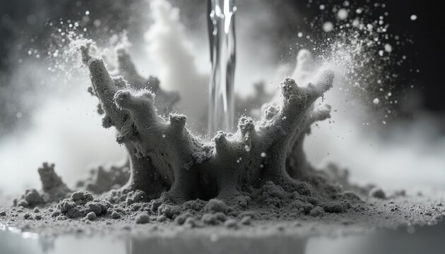 Water streams into dry grey powder creating dramatic splash. Fine dust particles fly up from impact. Abstract macro view of liquid and powder interaction. Dynamic motion captured in close-up.